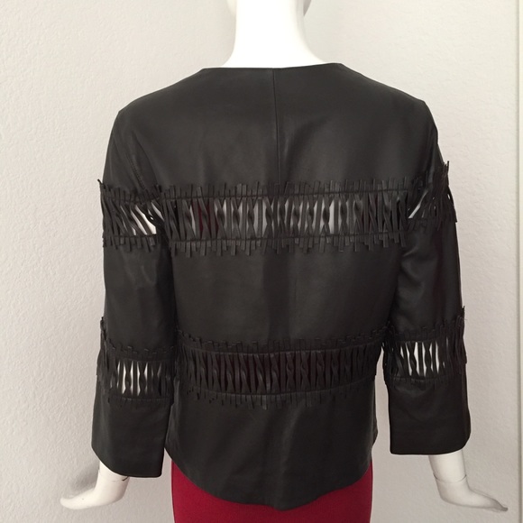 lafayette 148 woven insert crew neck brown leather jacket - Picture 6 of 12